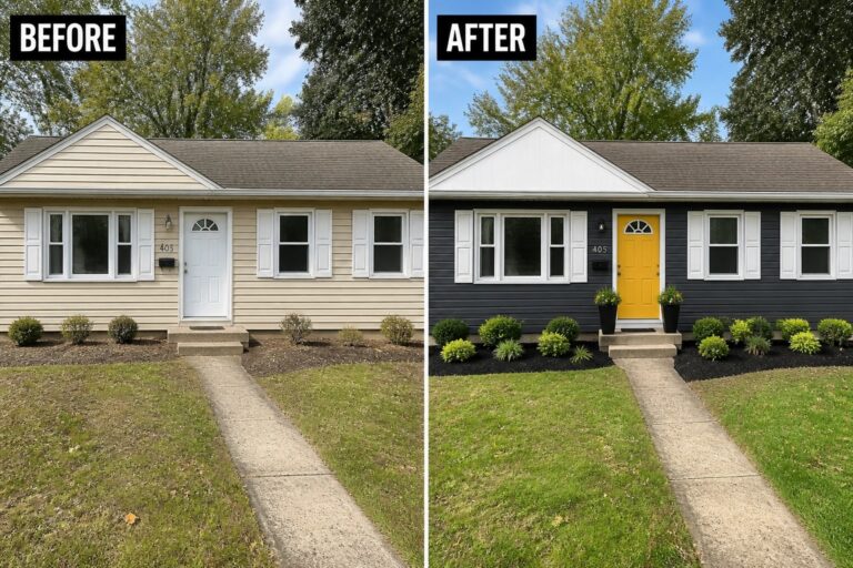 Before-and-after image of a suburban house exterior updated with dark gray siding, white trim, and a yellow front door.