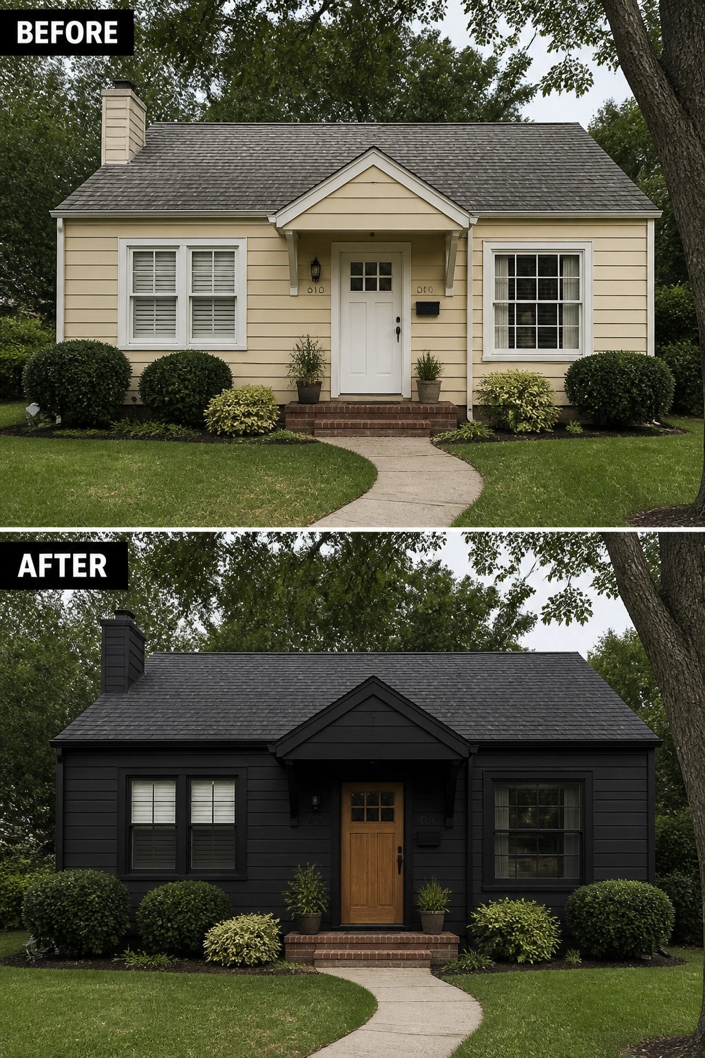 Before-and-after image of a suburban house exterior painted light yellow changed to dark black with updated trim and a wooden front door.