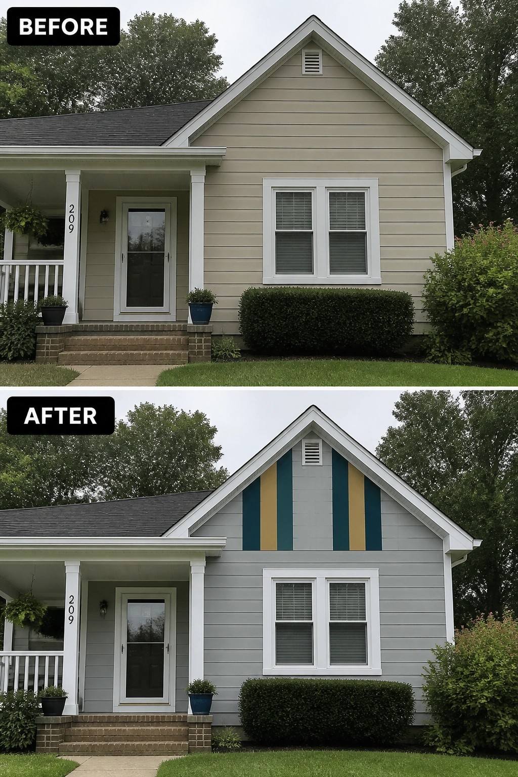 Before and after house exterior with beige siding repainted gray and colorful gable stripes