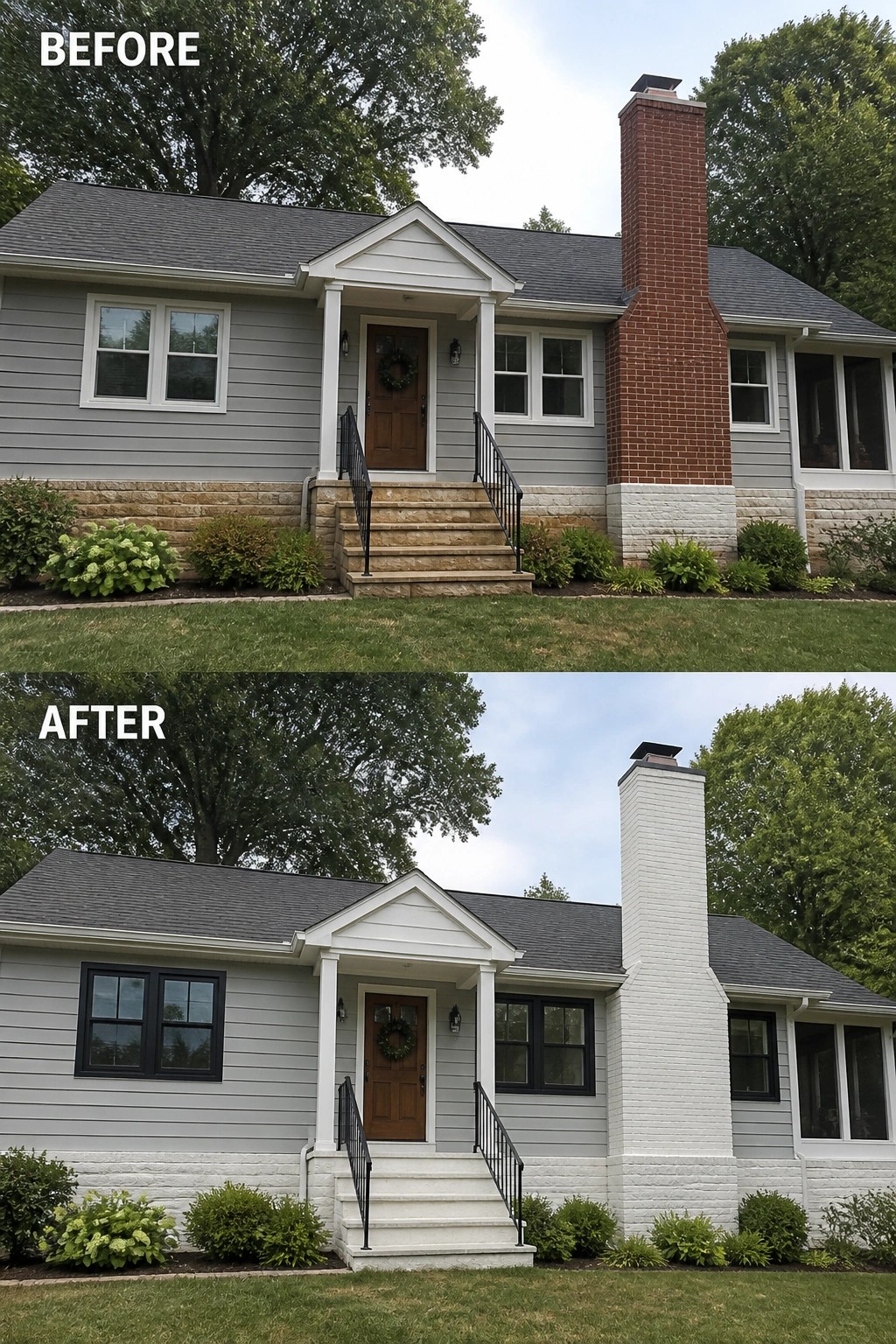Before-and-after image of a suburban house where the red brick chimney was painted white to match the trim and foundation.