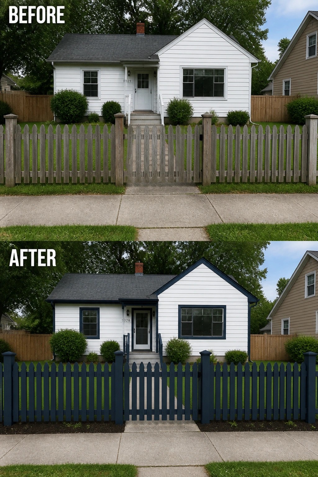 Before and after of white house with fence painted navy blue