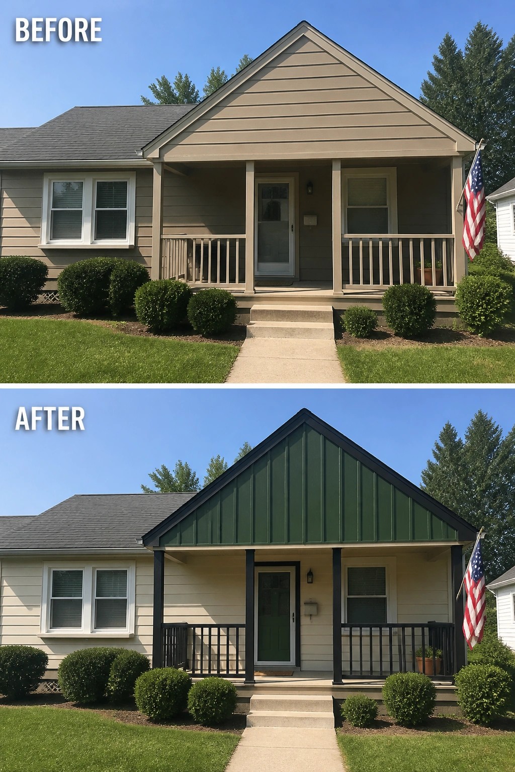 Before-and-after image of a suburban house exterior with the gable changed from matching beige siding to dark green with black trim.