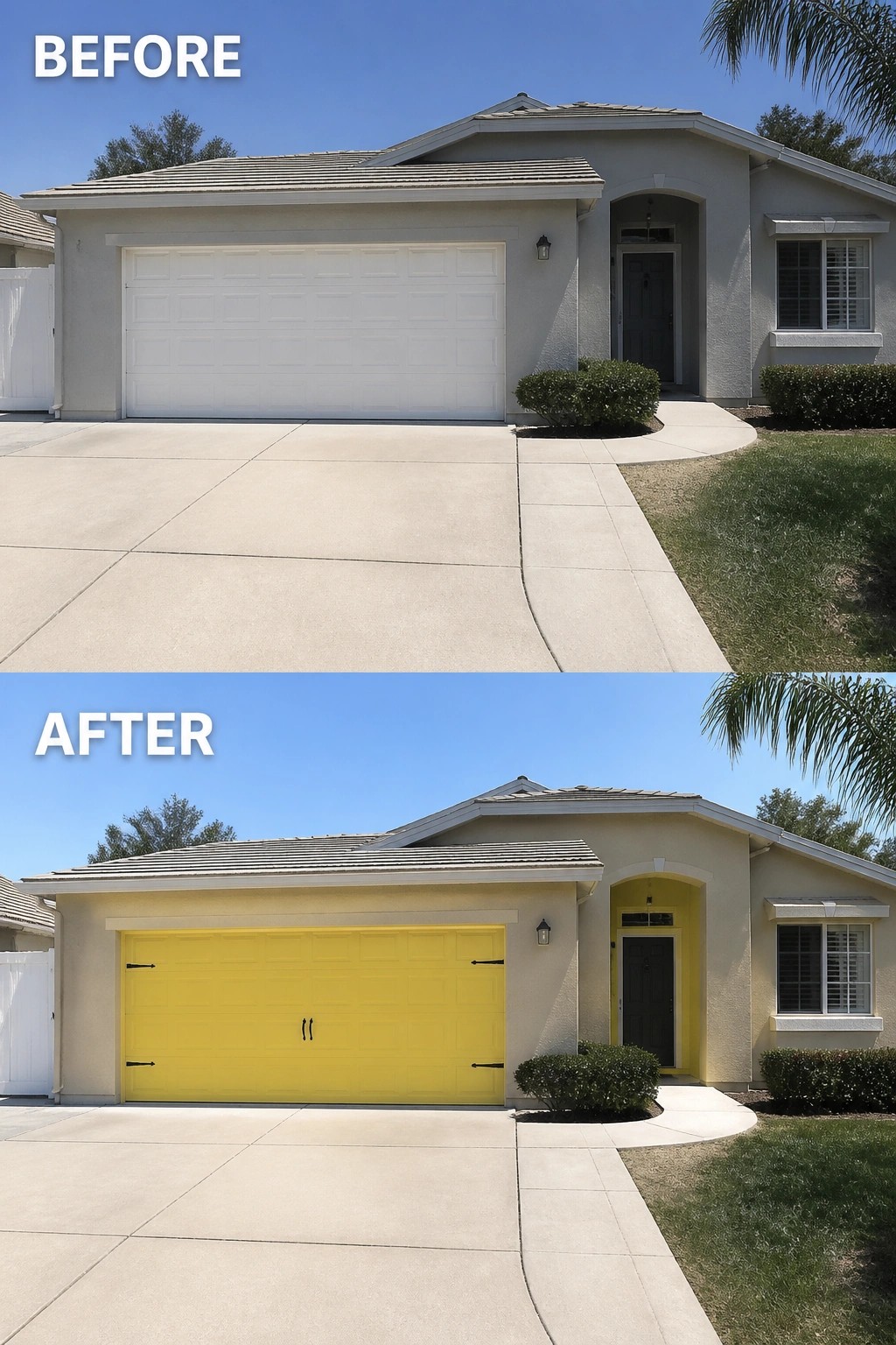 Before-and-after image of a suburban house showing a white garage door and neutral entry changed to bright yellow on the garage door and front door trim.