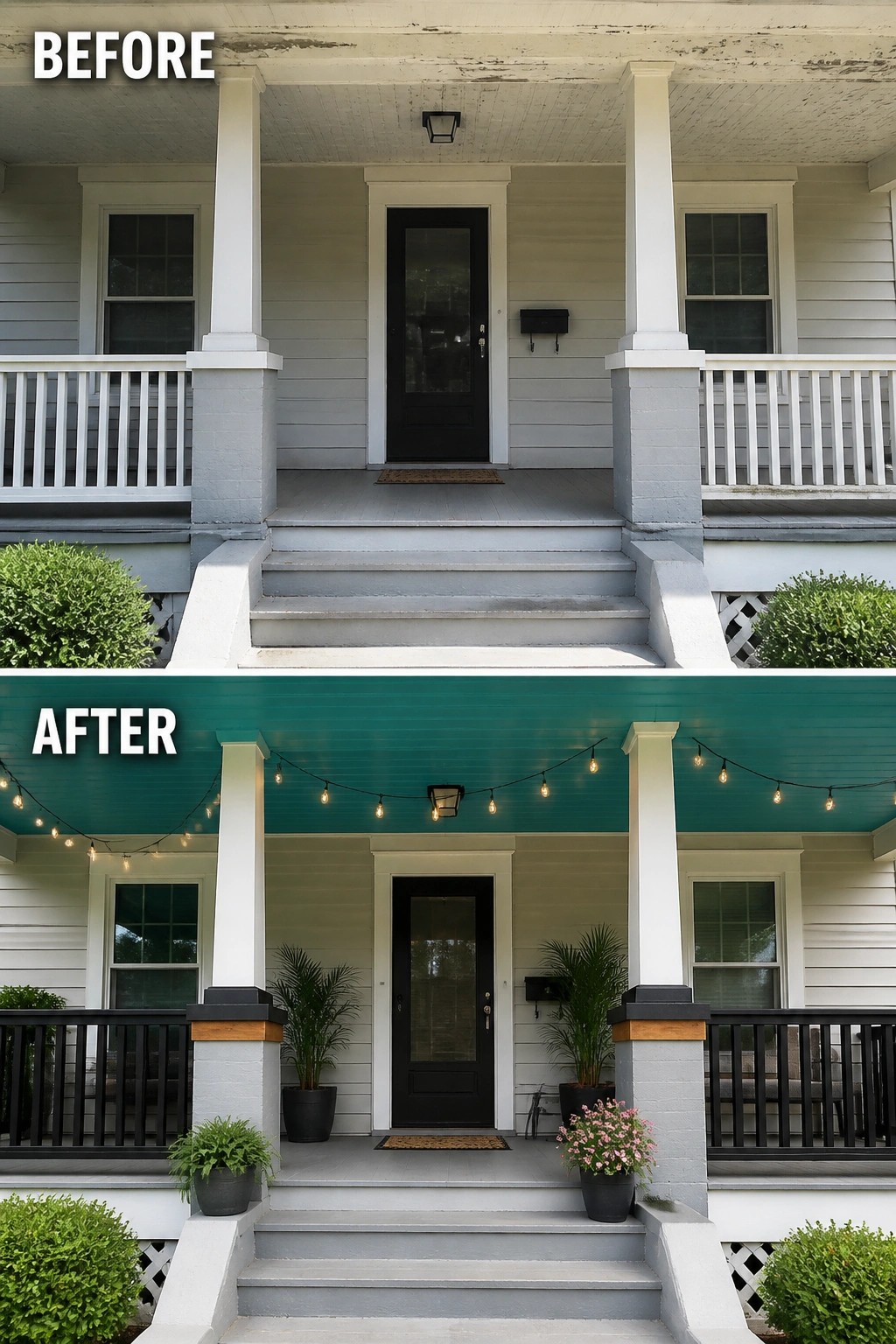 Before-and-after image of a house front porch with the ceiling painted teal, string lights added, and potted plants placed on the steps.