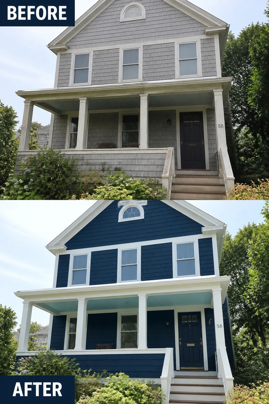 Before-and-after of two-story house with siding painted from gray to blue.