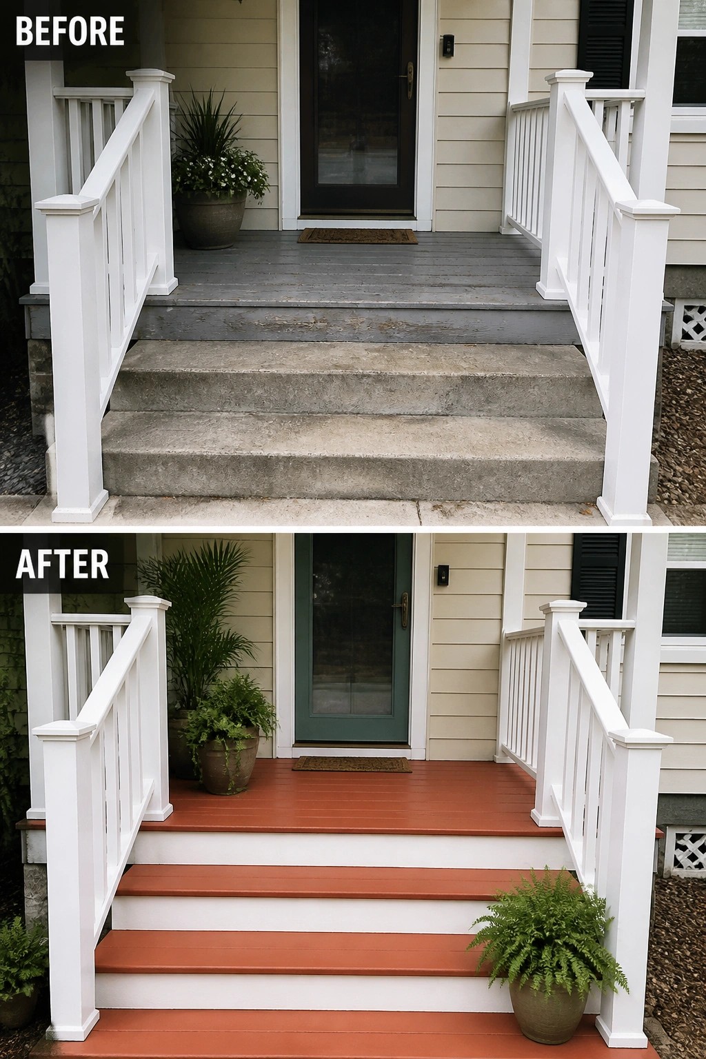 Before-and-after image of a house front entry showing concrete porch and steps updated with white and terracotta paint.