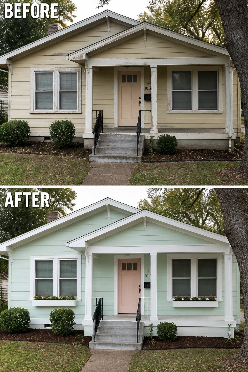 Before-and-after image of a suburban house exterior updated with light green paint, white trim, and window boxes.