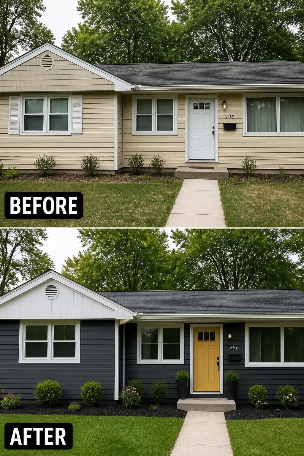 Before-and-after image of a suburban house exterior updated with dark gray siding, white trim, and a yellow front door.