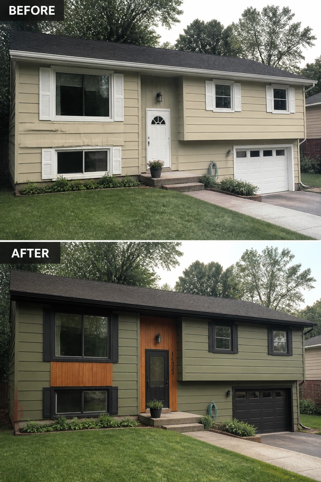 Before-and-after image of a suburban house exterior repainted from beige to green with black trim and a wood accent around the front door.