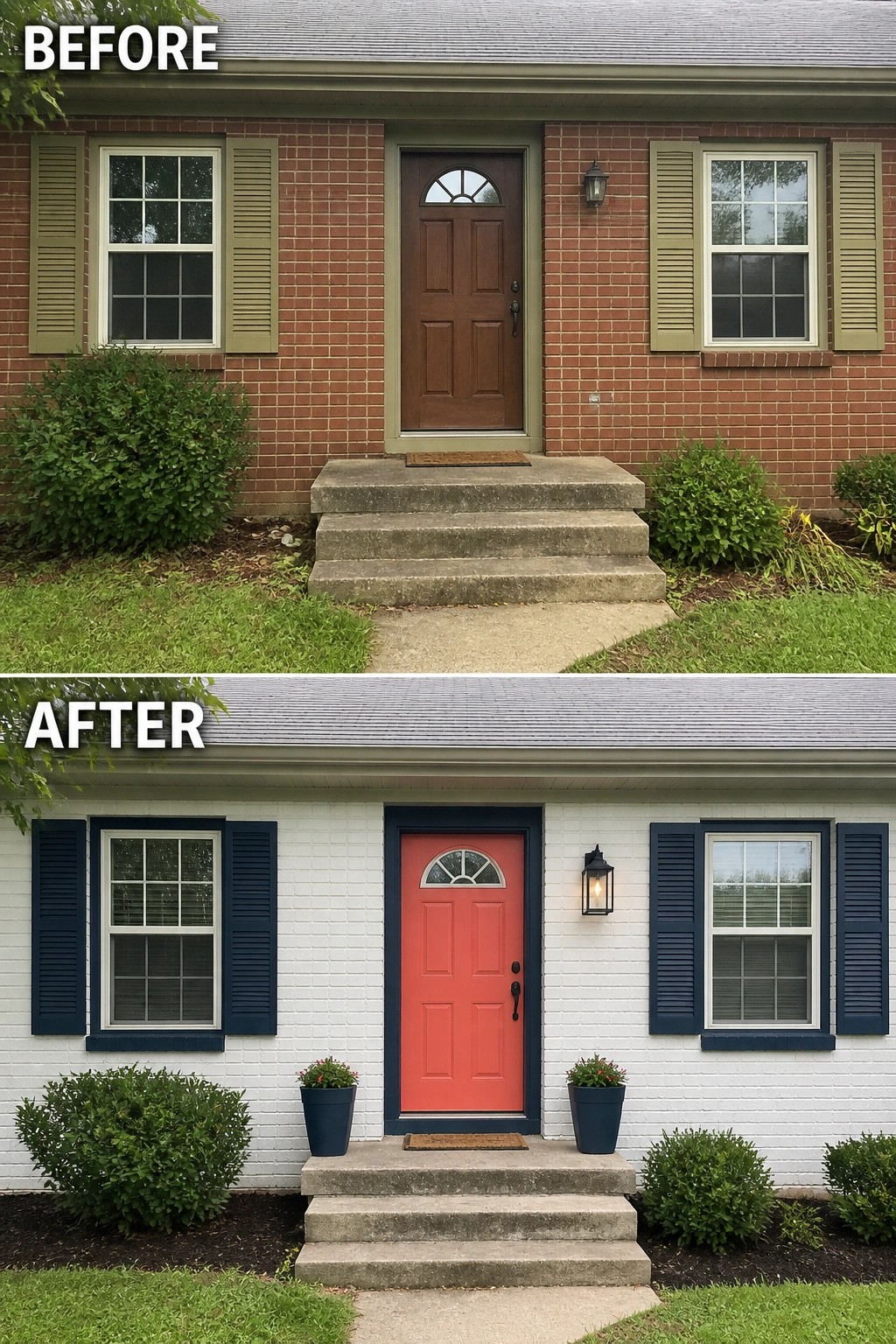 Before and after of brick house with brown door repainted white with red door and blue shutters.