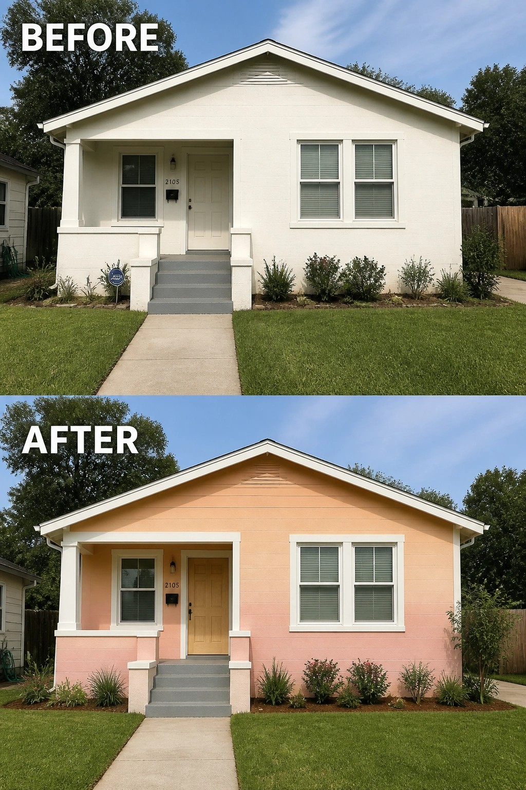 Before and after of house exterior repainted from white to peach with new door