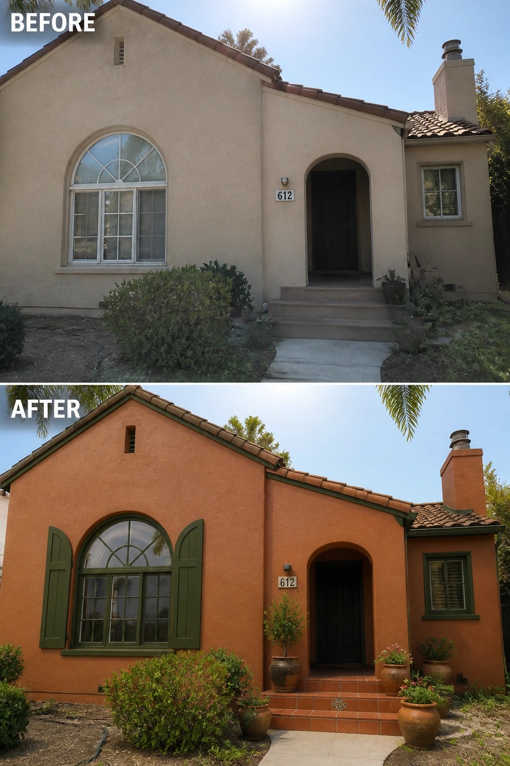 Before-and-after view of stucco house repainted orange with green trim and new landscaping.