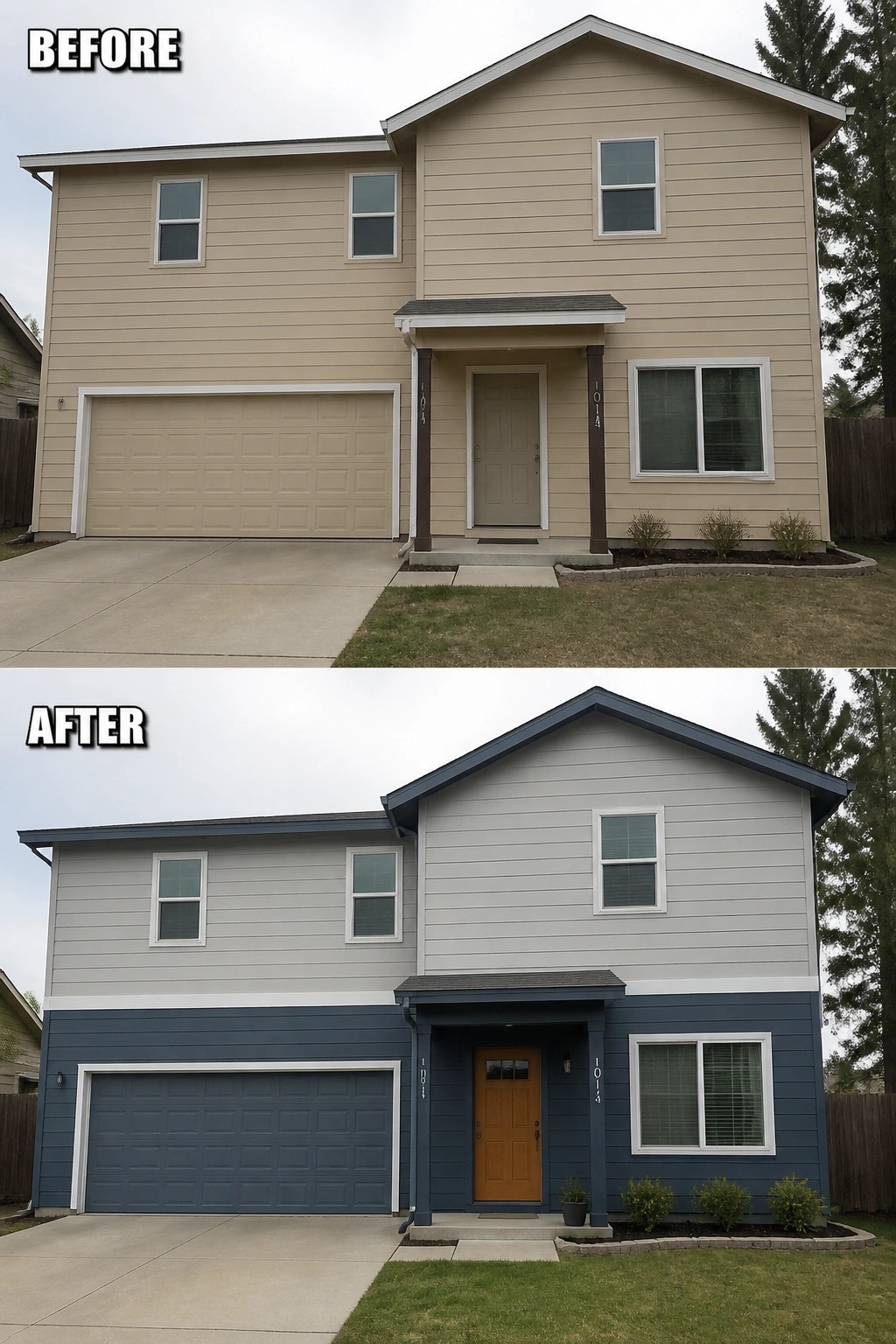 Before and after of two-story house with updated gray-blue exterior paint and door.