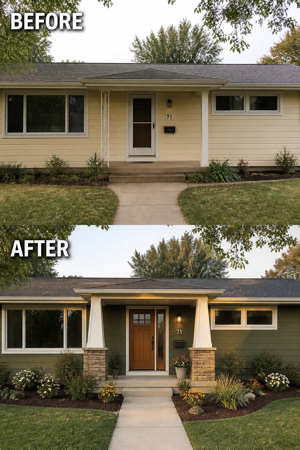Before and after house exterior remodel with green paint, porch, and landscaping.