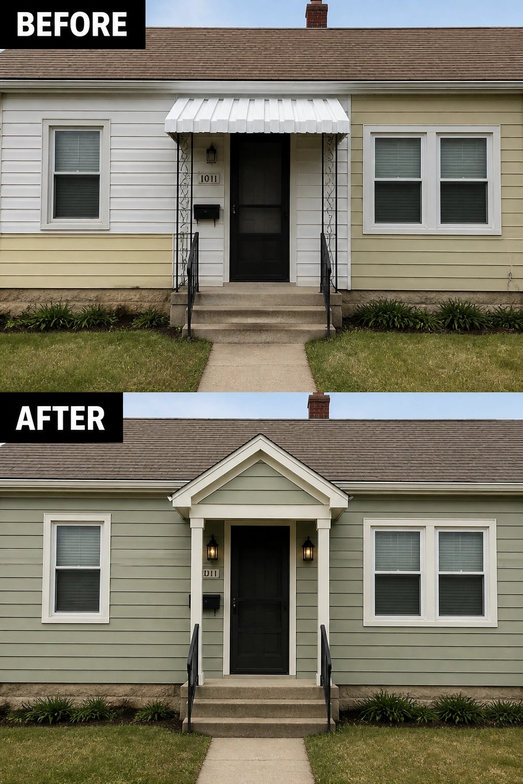Before-and-after image of a house front entry where a flat awning was replaced by a gabled roof with white trim and updated siding color.