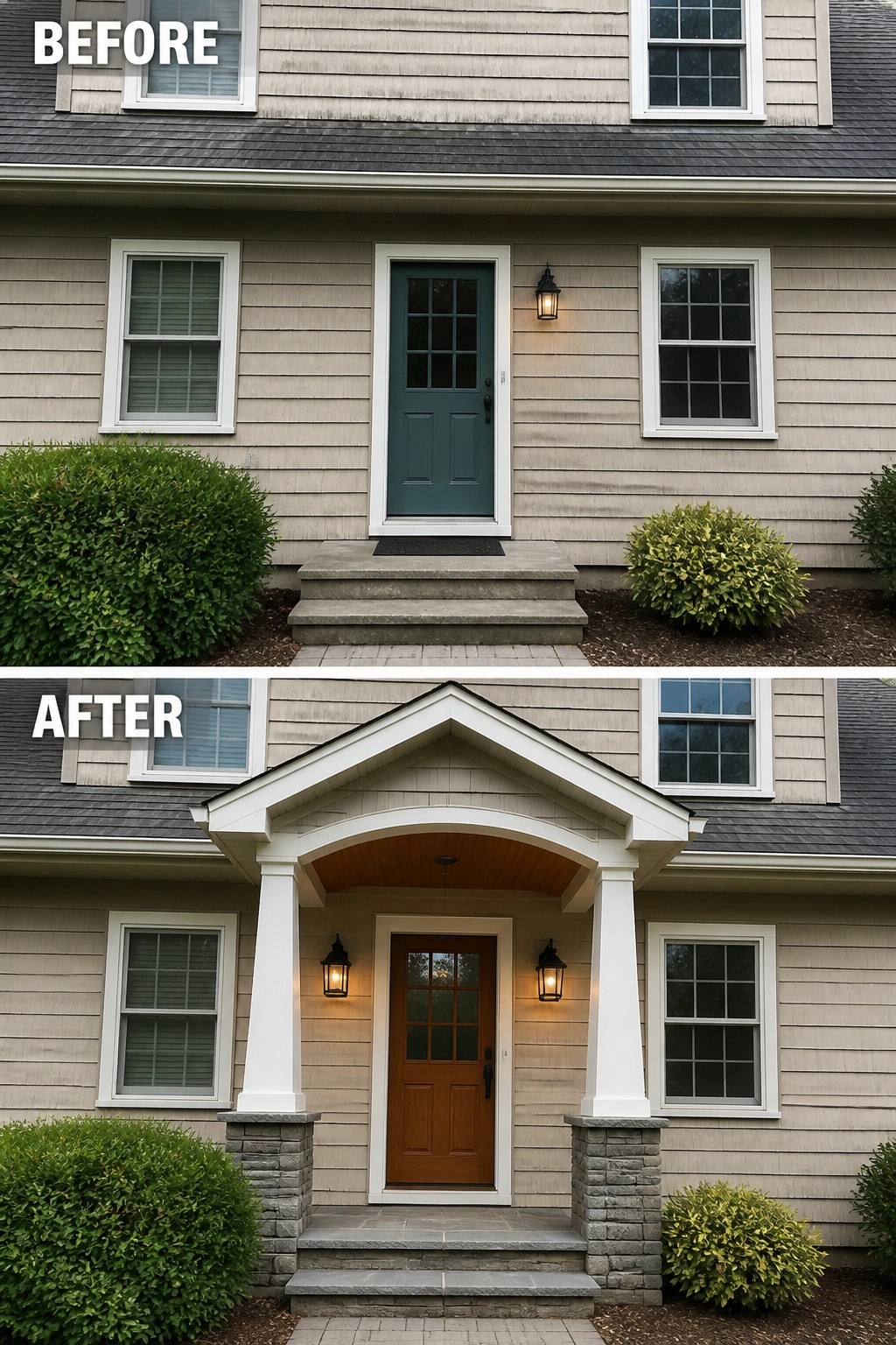 Before and after of beige house with new white gabled porch added.
