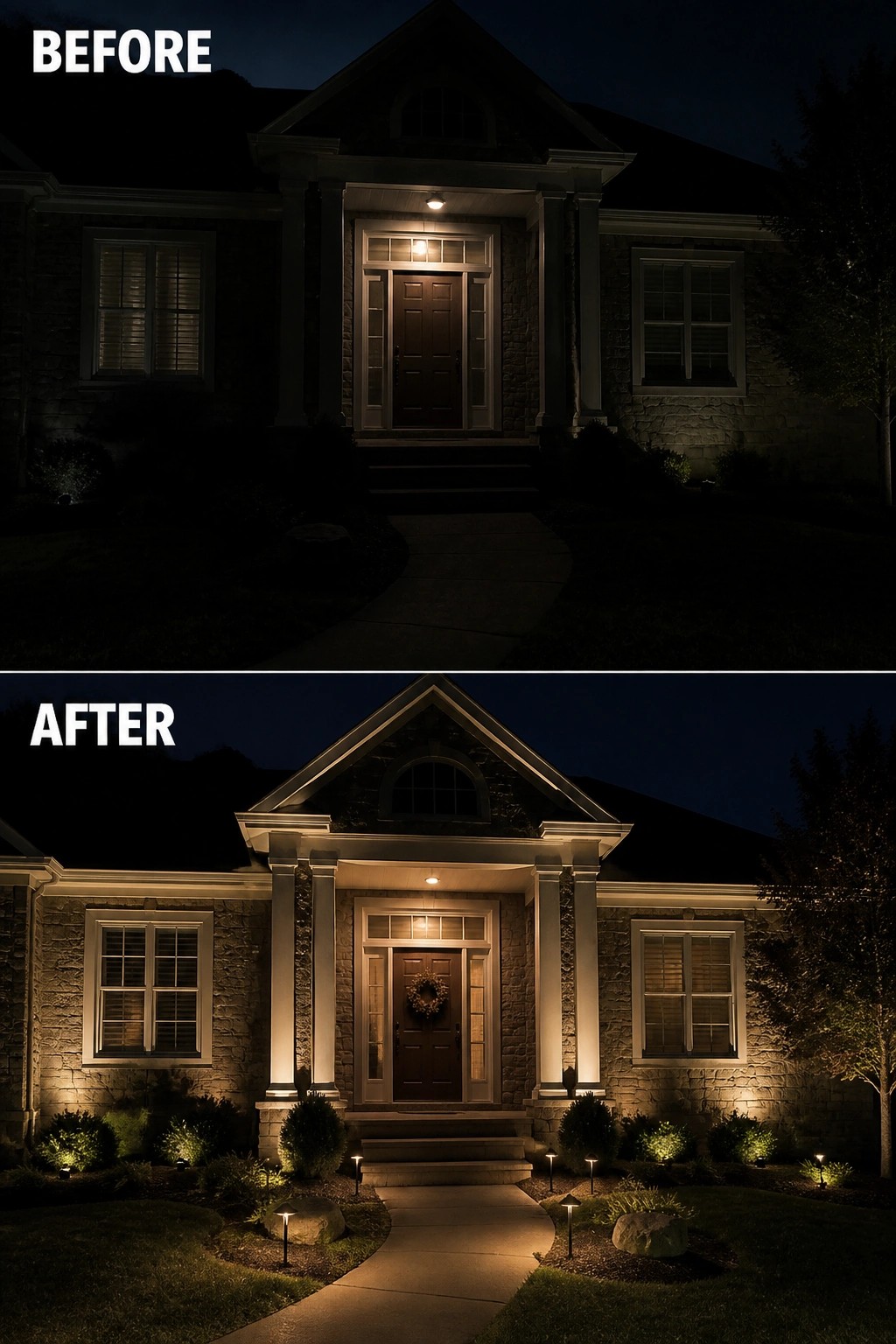 Before and after of stone house at night with added landscape and pathway lighting