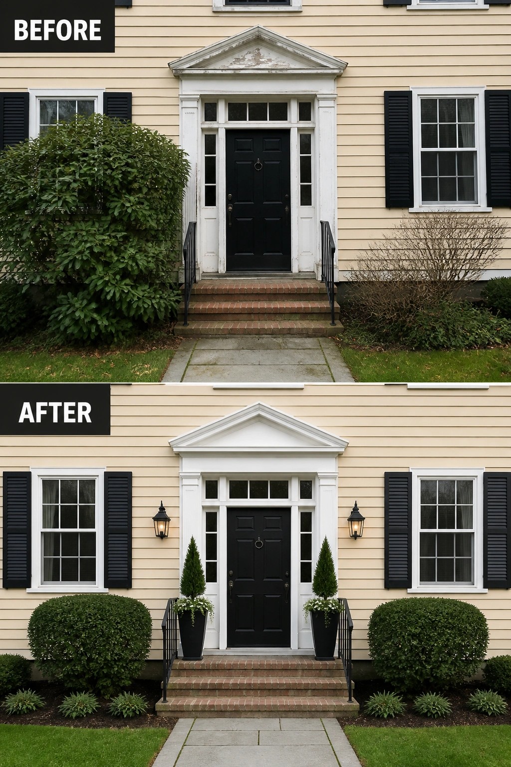 Yellow house before and after with added lanterns, potted plants, and trimmed shrubs.