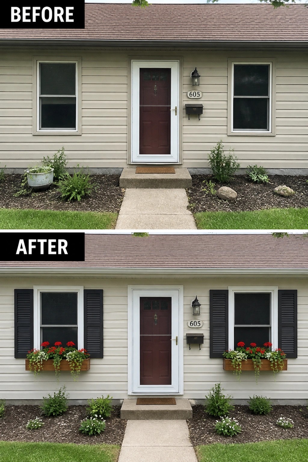 Before-and-after image of a house front entry updated with black shutters and flower-filled window boxes.