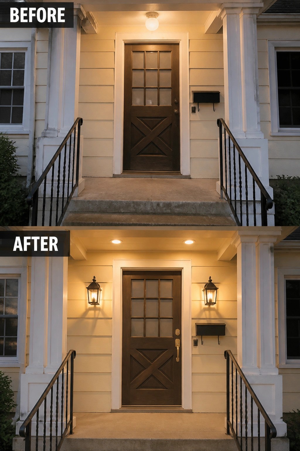 Before-and-after image of a front entry updated by adding two wall sconces on either side of the door.