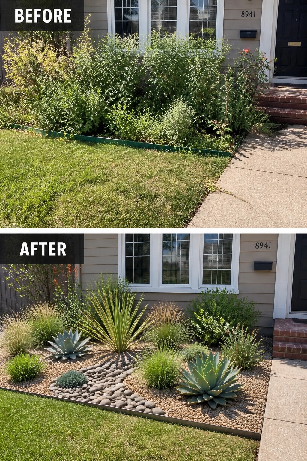 Before-and-after image of an overgrown front garden bed changed into structured beds with gravel, rocks, and selected plants.