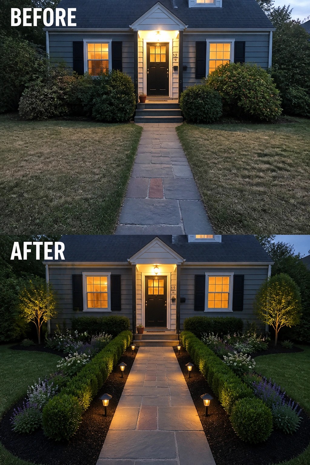 Before and after landscaping of gray house with lit stone path and flower beds.