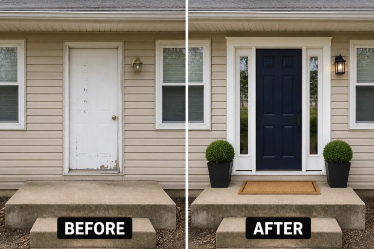 Before and after of beige house with new navy door and potted plants