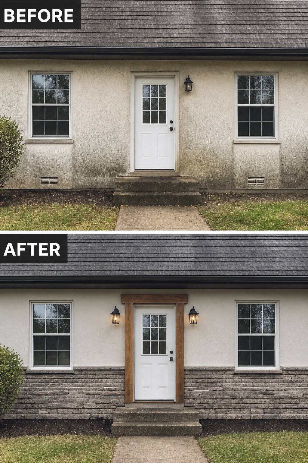 Before-and-after house exterior showing white door with added wood trim and stone base.