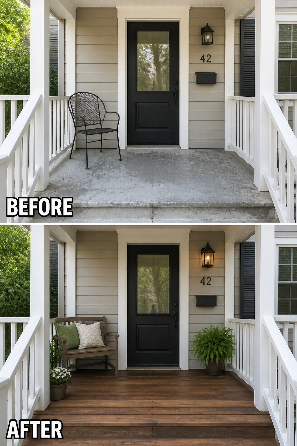 Before and after porch renovation: concrete to wooden deck with bench and plants