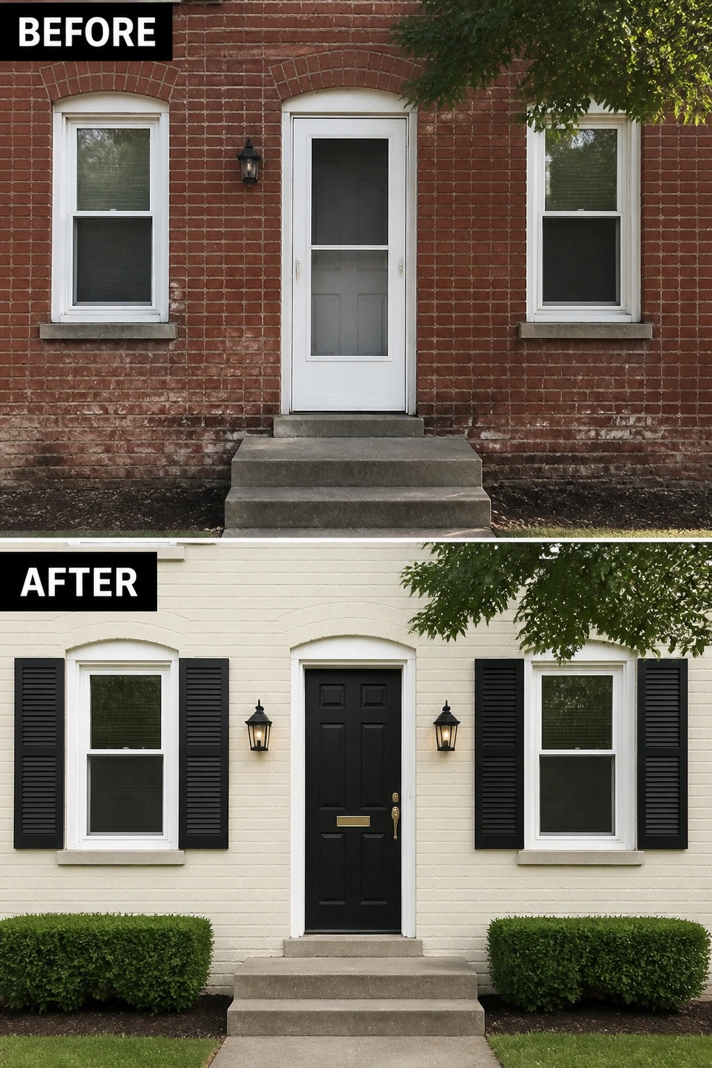 Before red brick house entrance and after white painted version with black door and shutters