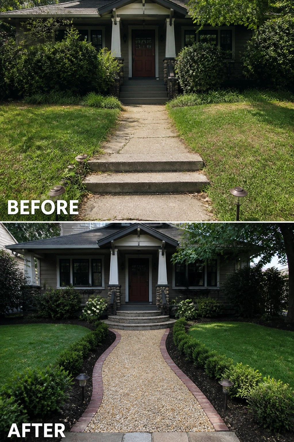 Before and after views of house with concrete walkway upgraded to curved gravel path