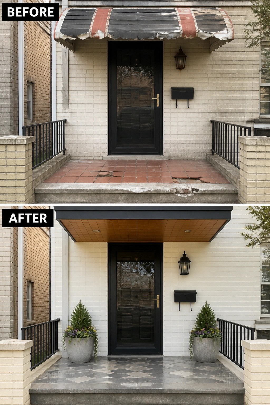 Before and after porch renovation with new canopy, tiles, and planters.