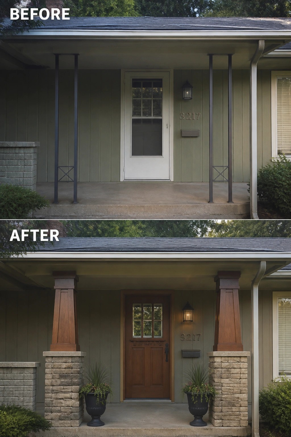 Before and after house entrance remodel with wooden columns, brown door and plants.