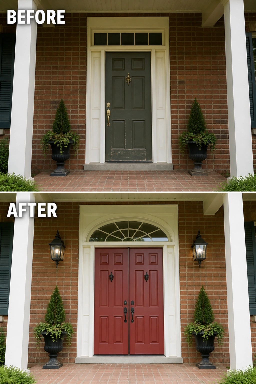 Before and after brick entry with single green door replaced by red double doors