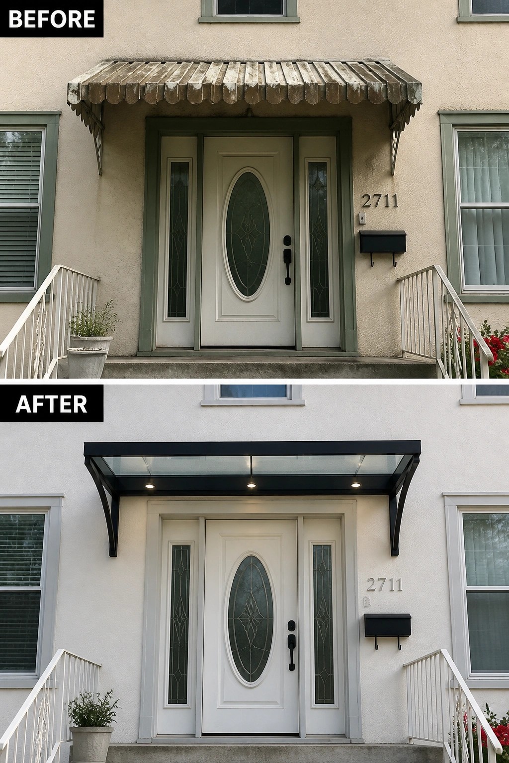Before-and-after image of a front entry where a weathered wooden awning is replaced with a modern glass canopy.