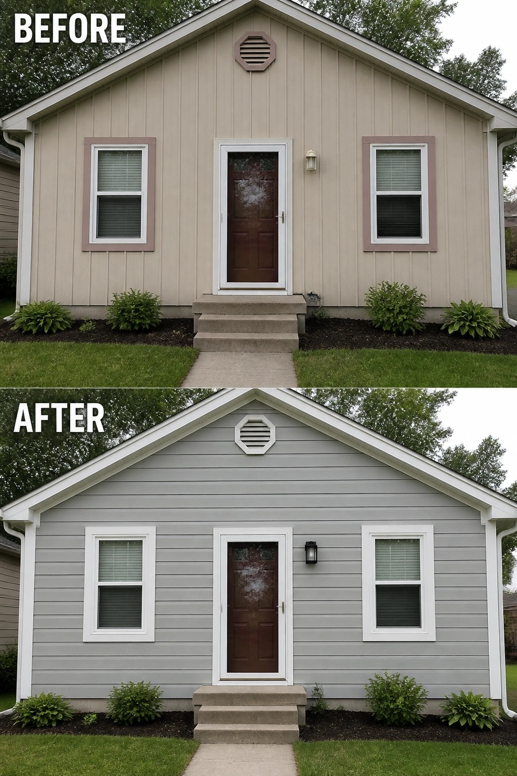 Before and after house exterior with beige siding repainted gray.