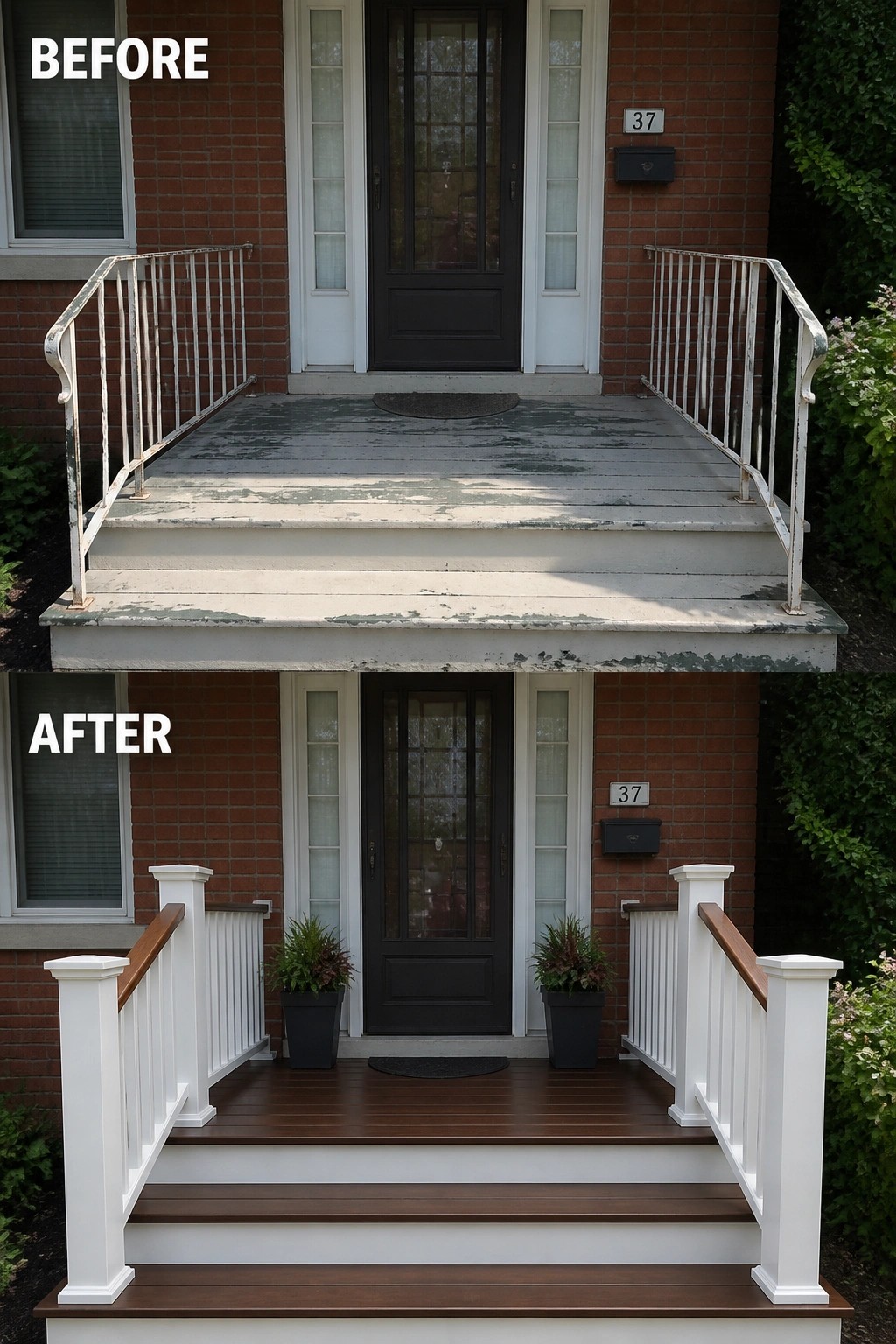 Before-and-after image of a front porch with rusty railings and peeling deck paint replaced with white railings, brown decking, and potted plants.
