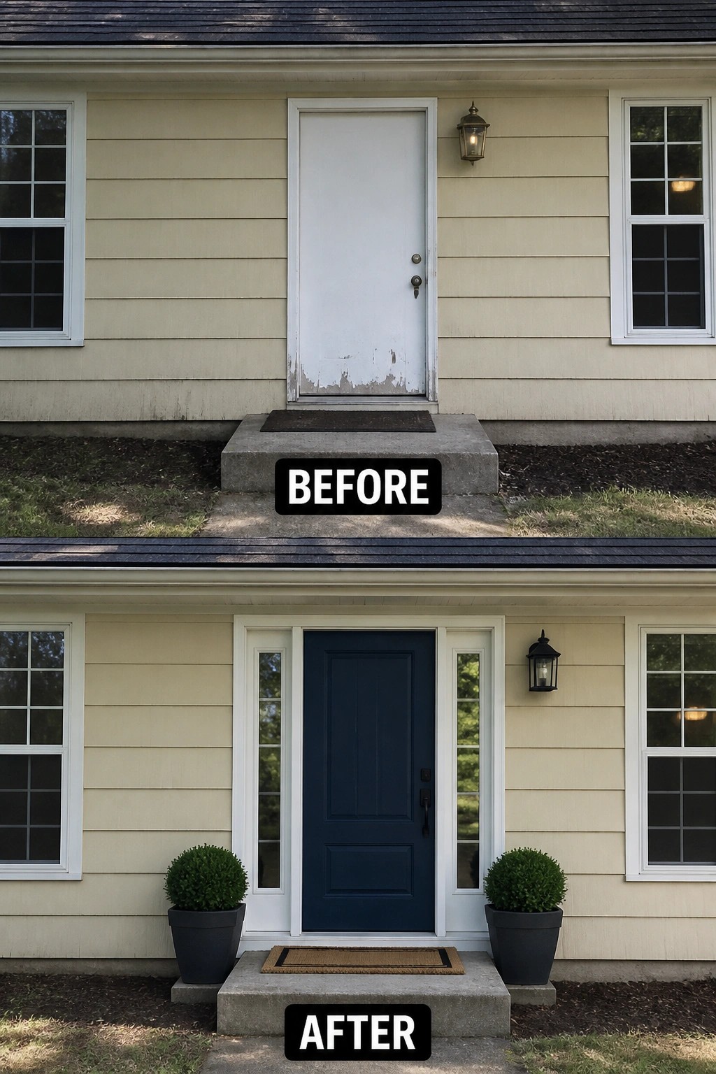 Before and after of beige house with new navy door and potted plants