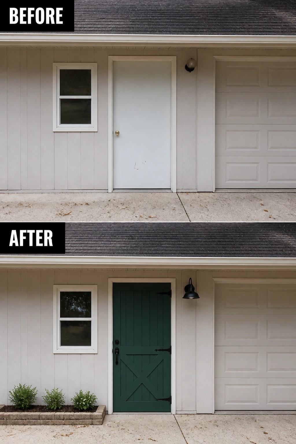 Before-and-after house entrance with door painted dark green, new light, and shrubs added