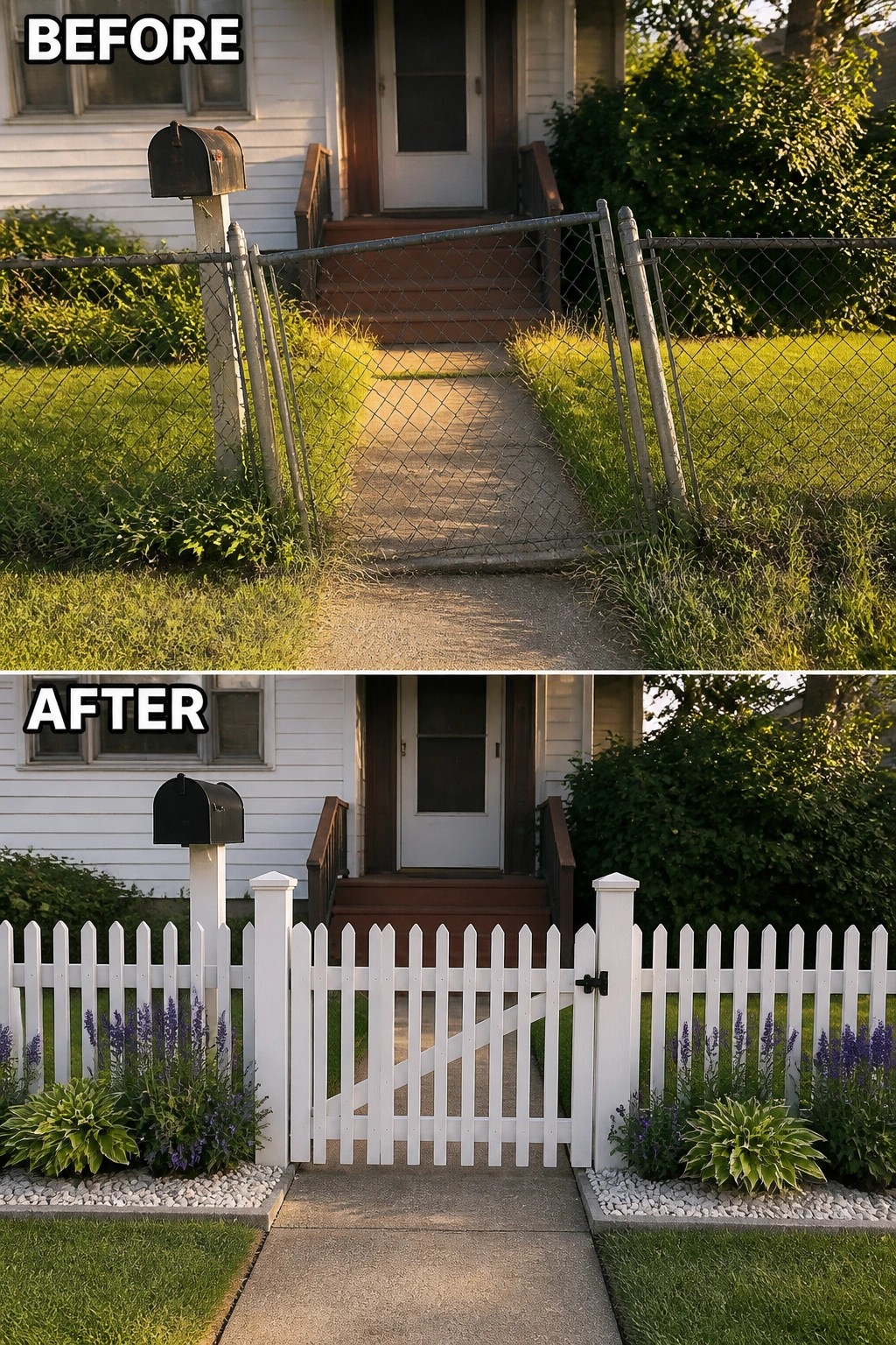Before-and-after image of a house front entry showing a chain link fence replaced by a white picket fence with added garden beds.