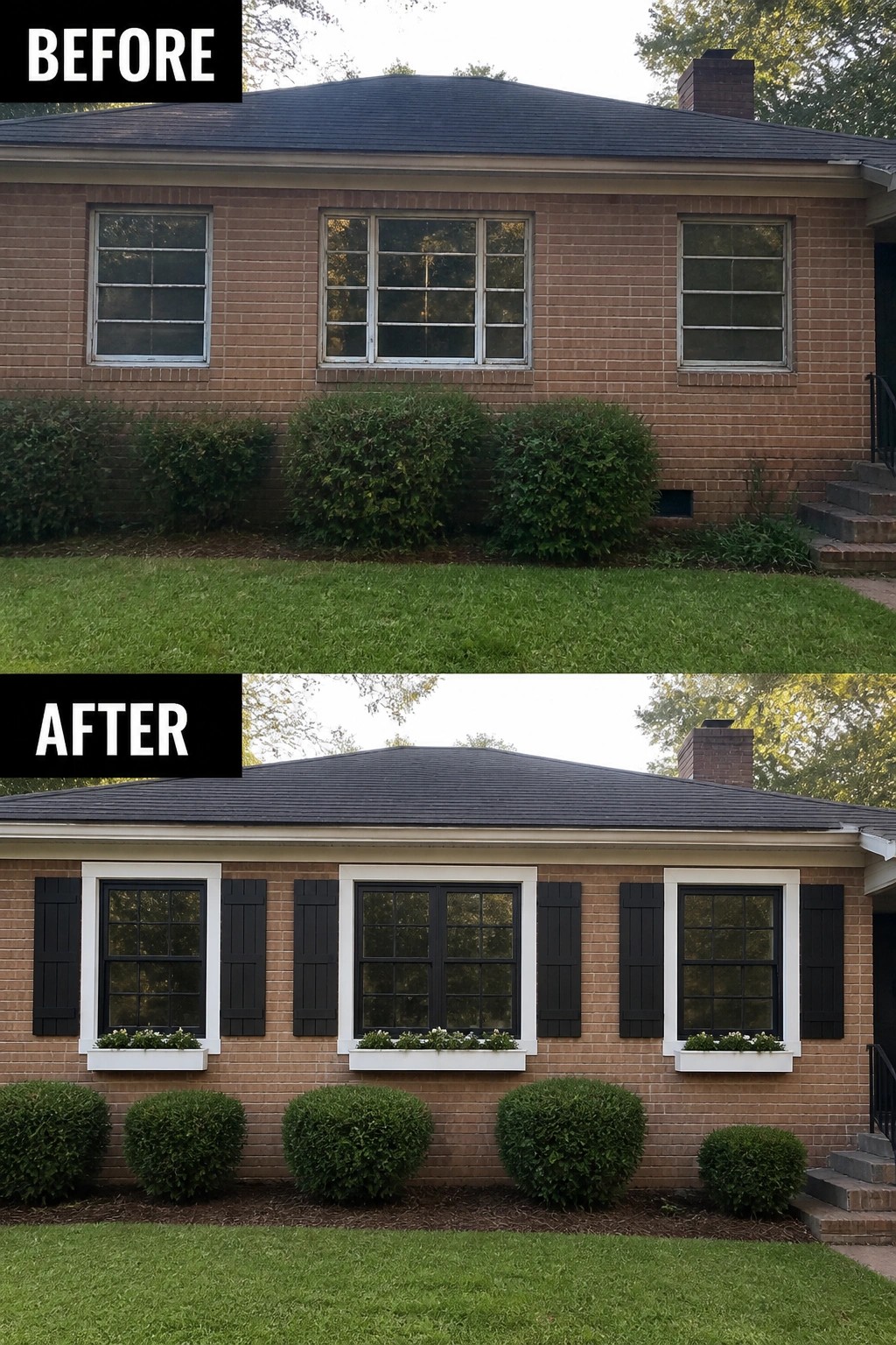 Before-and-after image of a brick house exterior updated with black shutters, white window trim, and flower boxes.