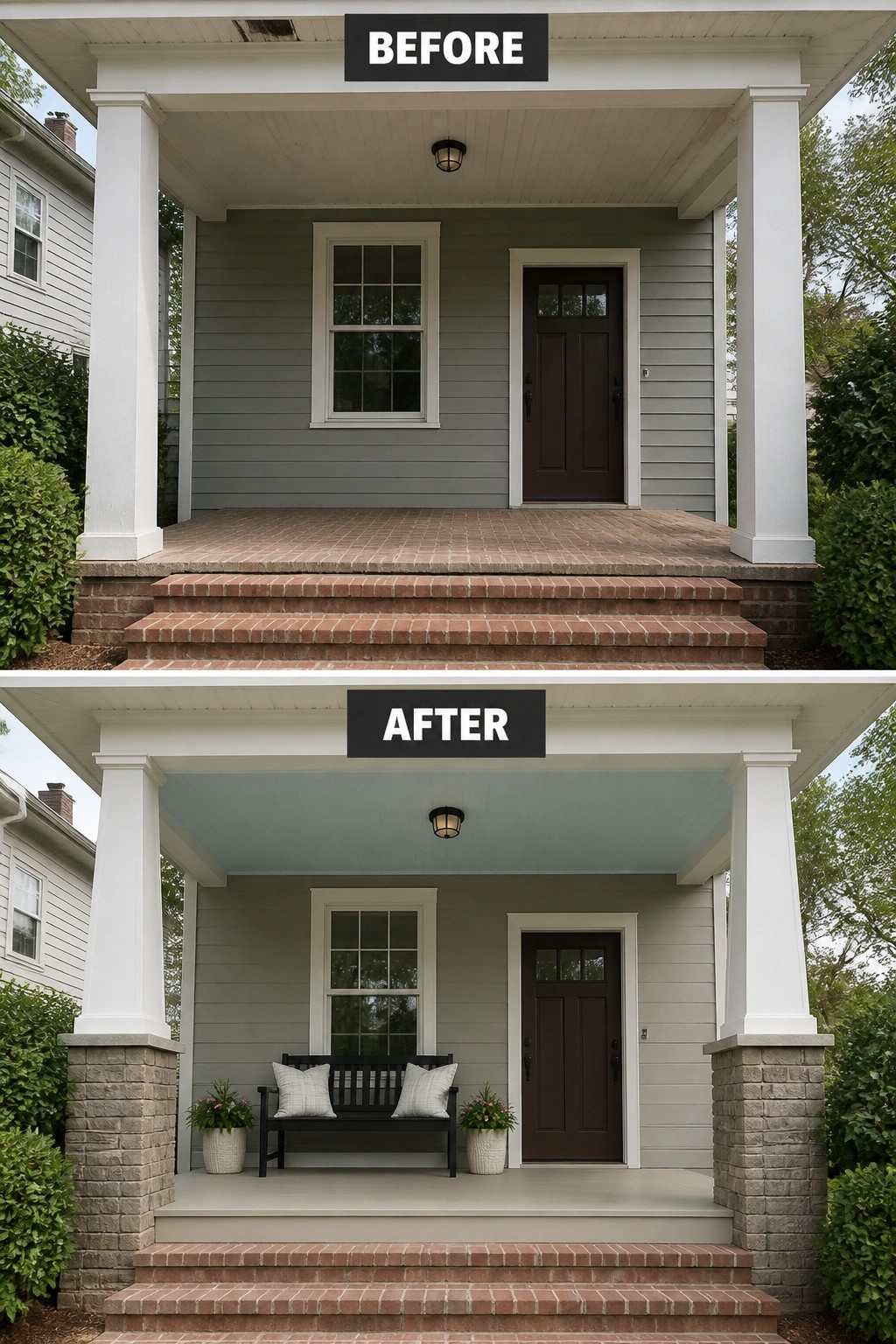 Before-and-after image of a front porch with plain white columns changed to include stone bases, a black bench with pillows, and potted plants on either side of the door.