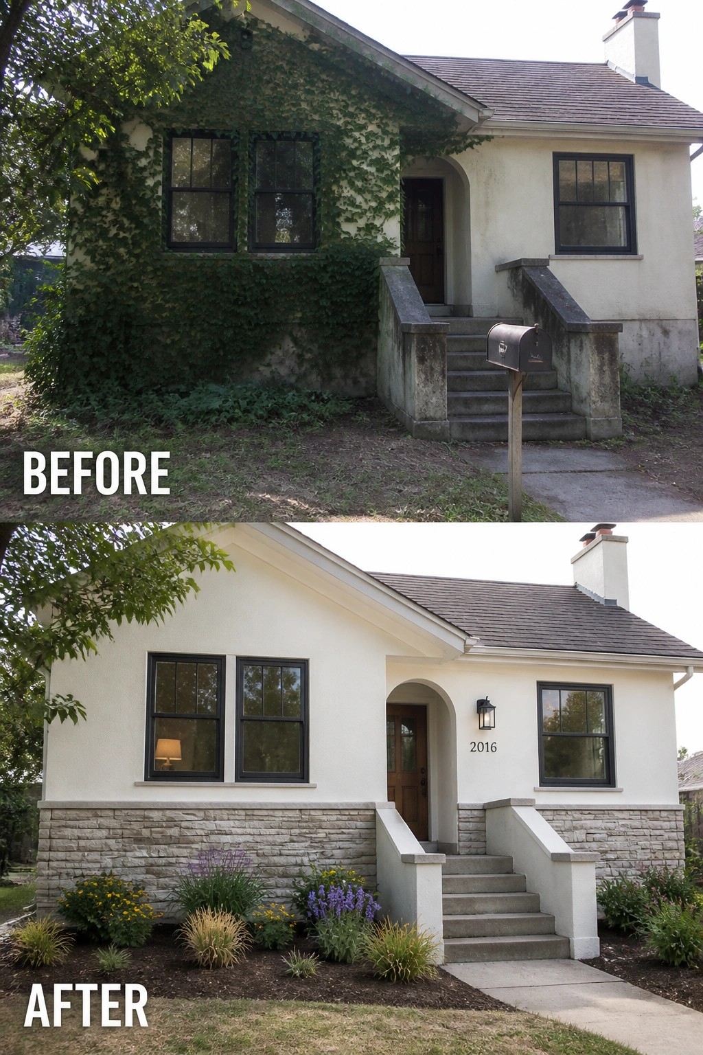 Before-and-after image of a stucco house exterior updated by removing ivy, adding a stone veneer base, fresh paint, and new landscaping.