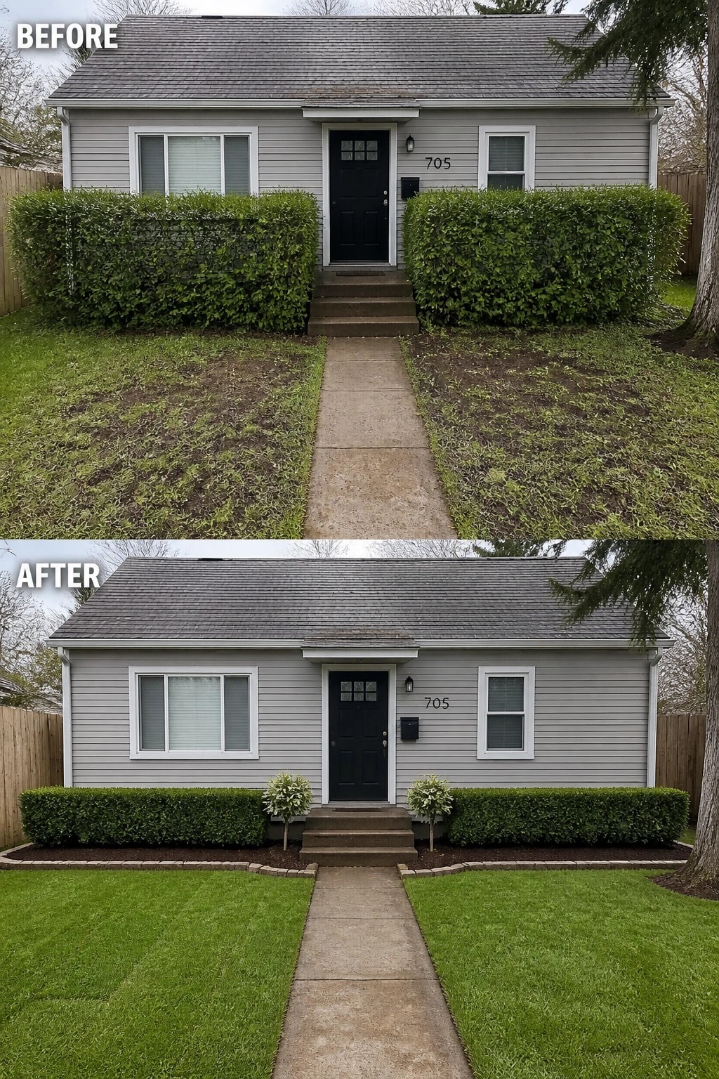 Before and after of house with patchy lawn transformed into lush green yard with landscaping.