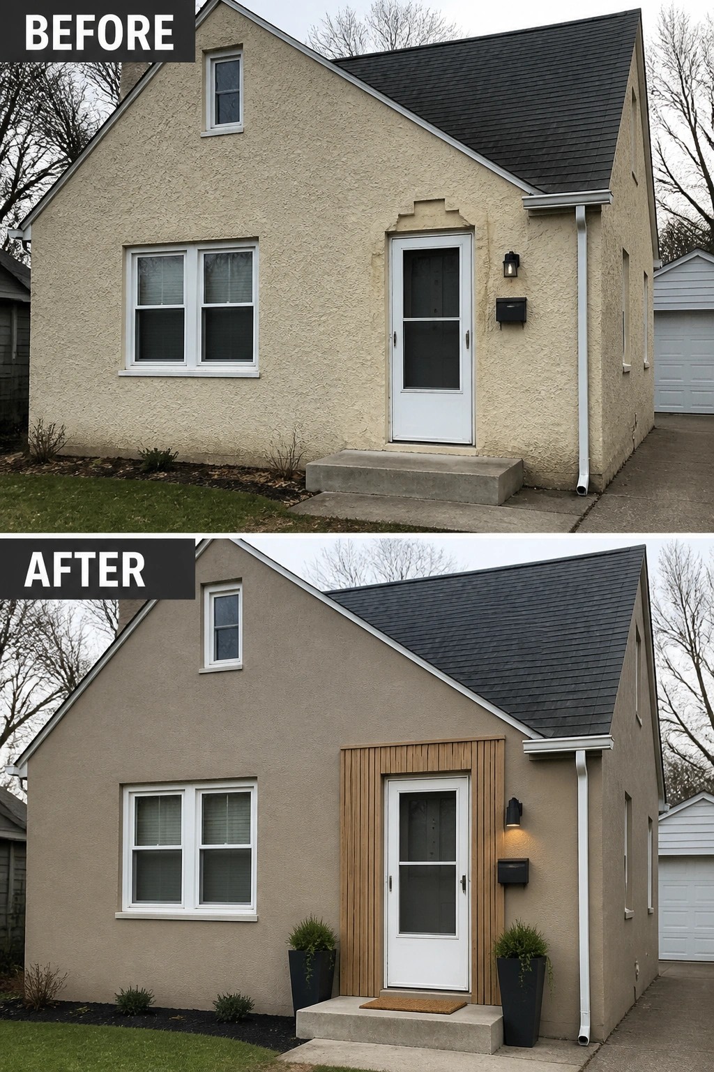 Before-and-after image of a house exterior showing a plain white door updated with vertical wood slats on both sides and two dark planters placed on the steps.