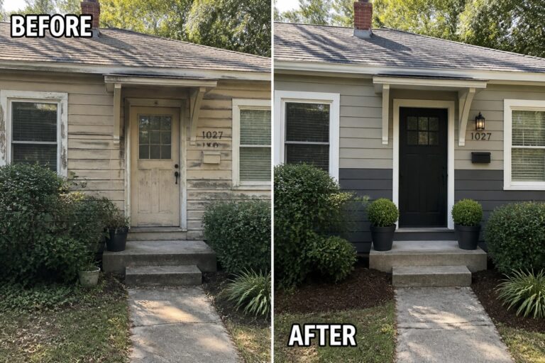 21 Elegant House Facade Remodel Ideas for Homes With Good Structure But Dated Finishes Before-and-after image of a house exterior with faded beige siding and a light door changed to gray siding, a black door, and updated white trim.