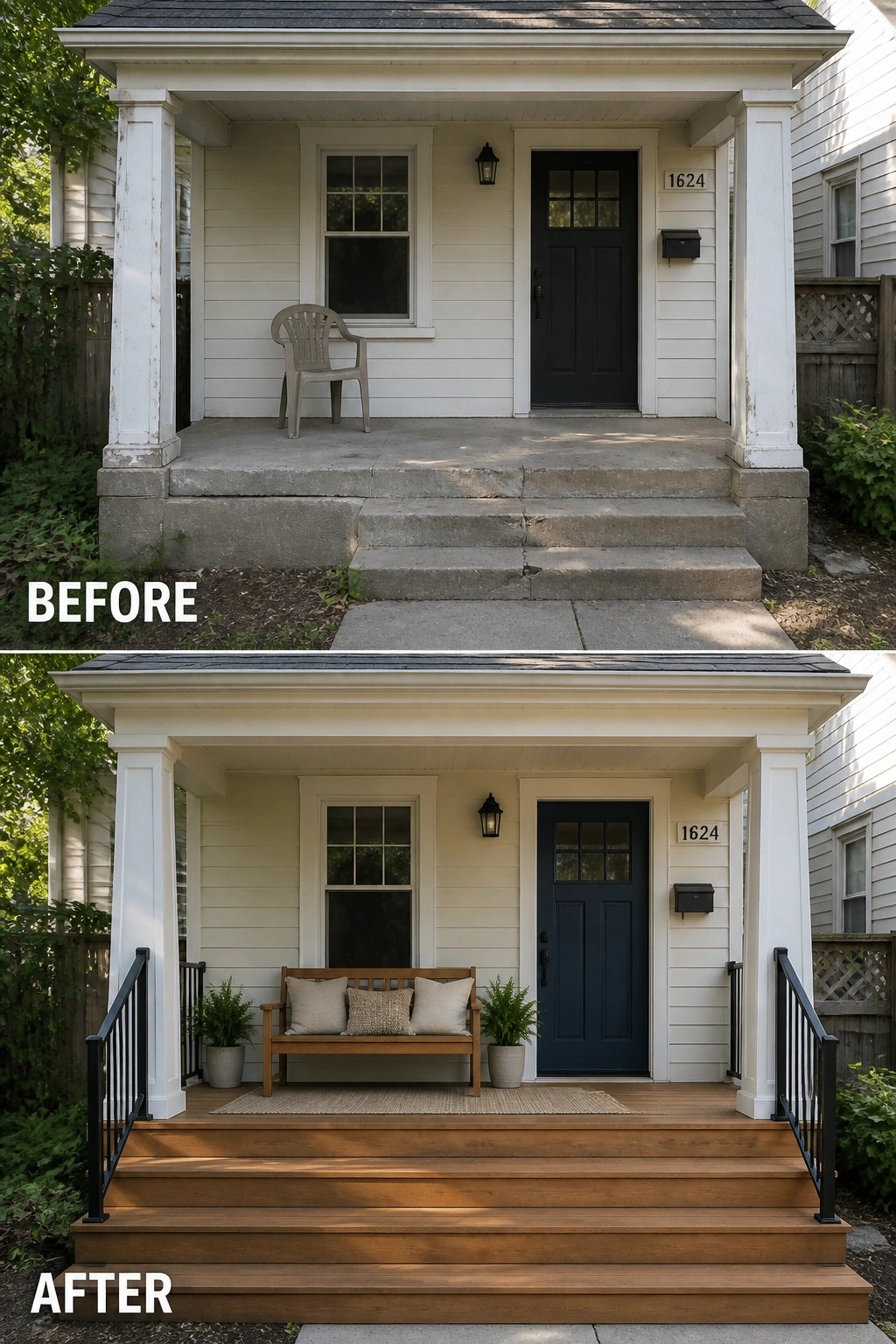Before and after porch renovation with new wooden steps, bench, and railings.