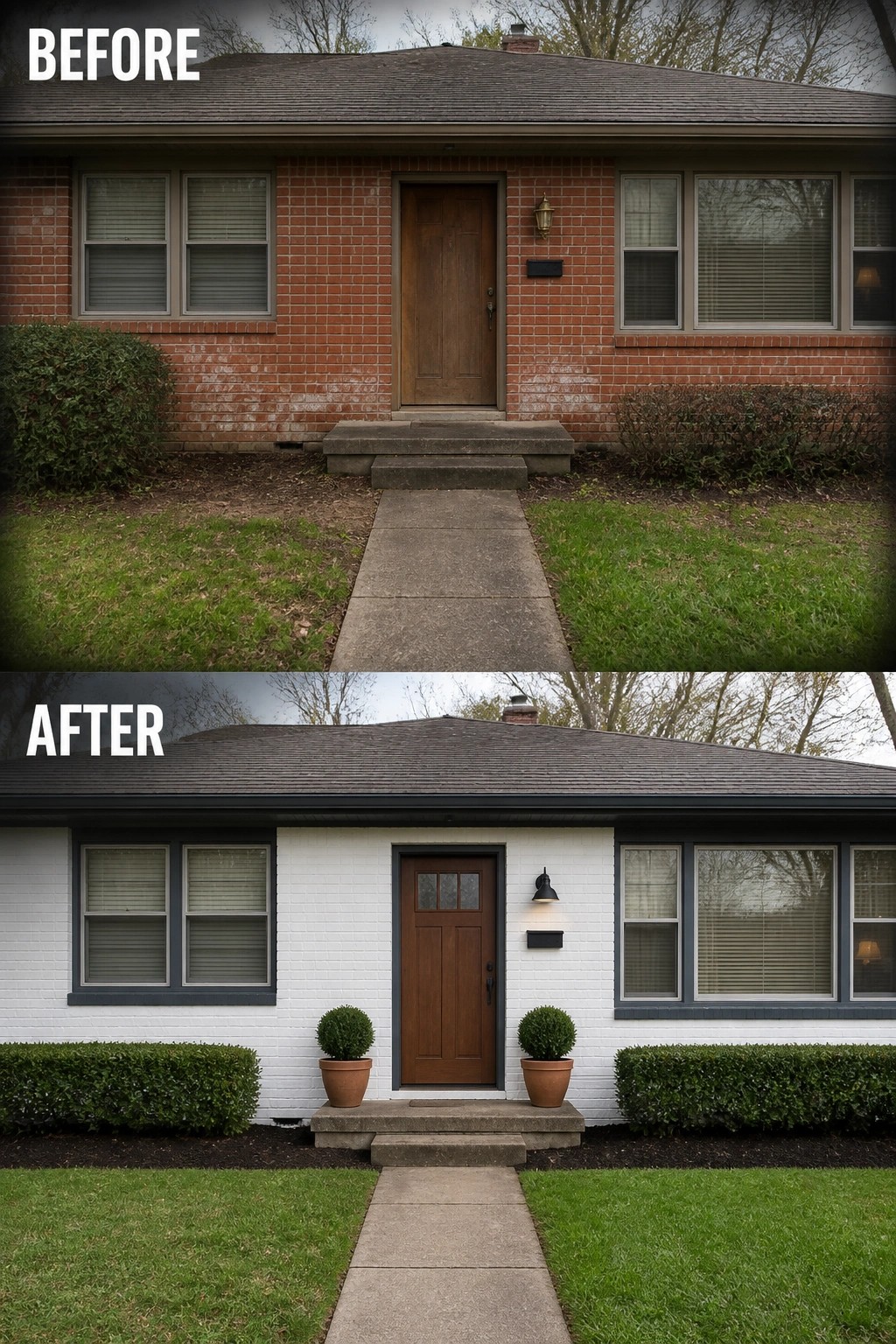 Before and after views of brick house painted white with new landscaping