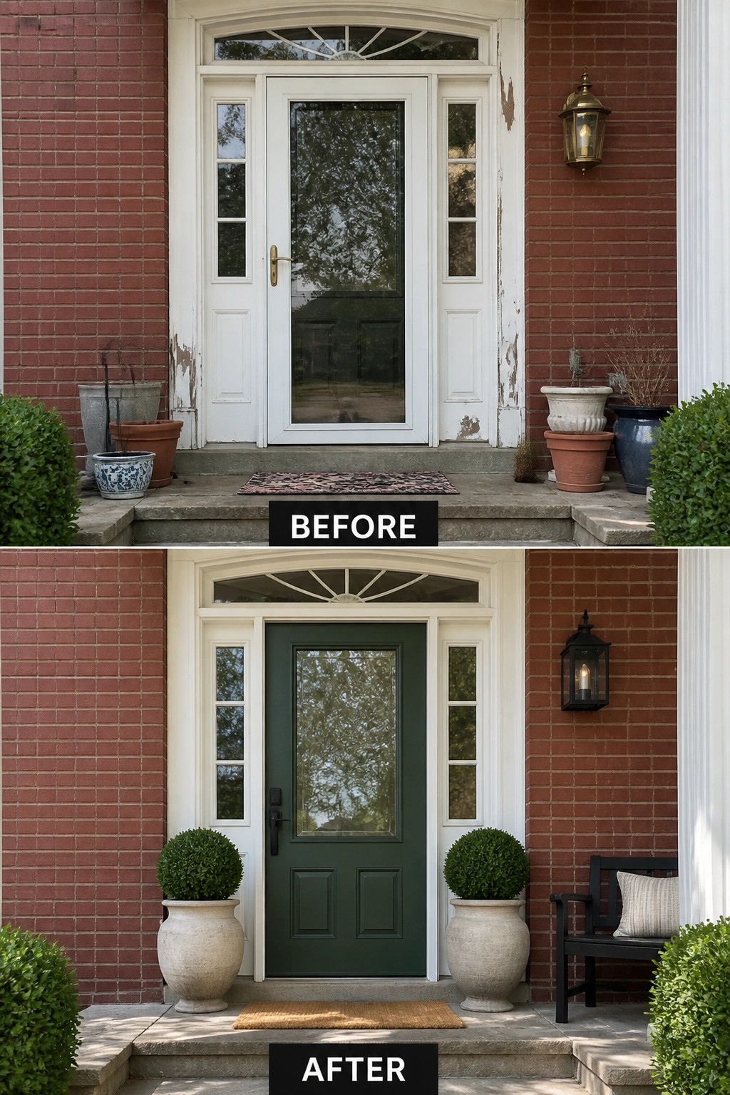Before and after of brick house door painted from white to dark green