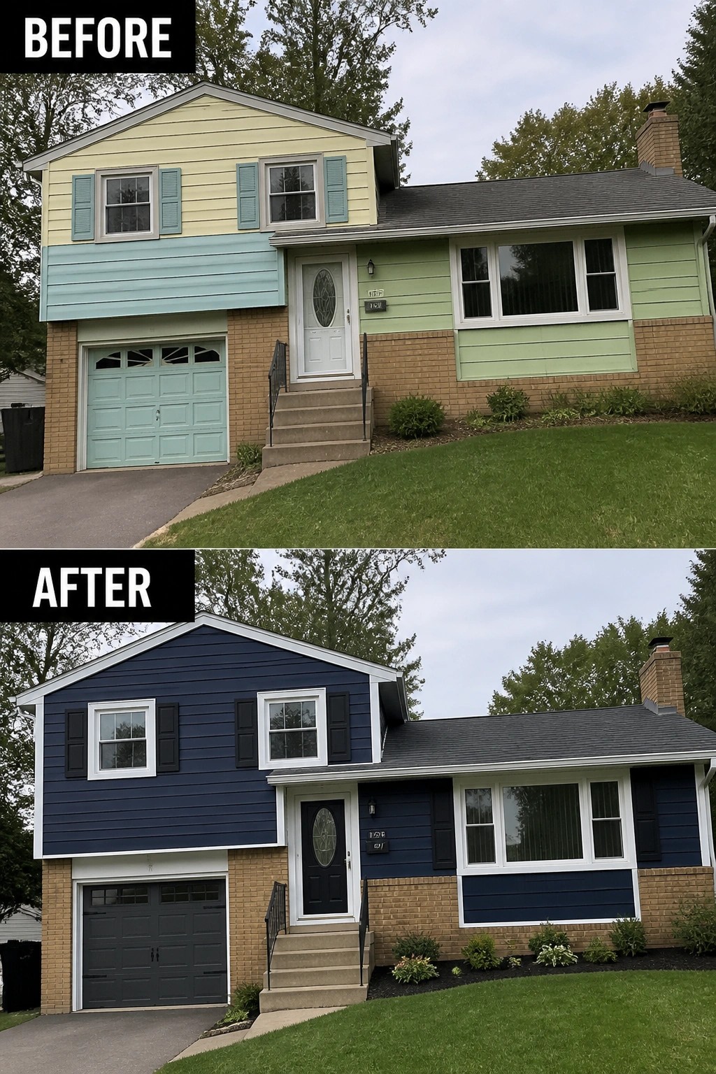Before-and-after image of a house exterior updated from mismatched pastel siding colors to a single dark blue palette with white trim and black shutters and door.